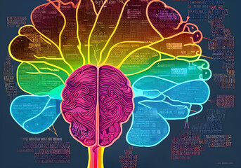 Brain Illustration, colorful, infographic, science poster, analytic art