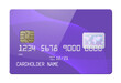 Highly detailed realistic purple glossy credit card. Front side mockup. Graphic design element for shopping advertisement, web shop payment method