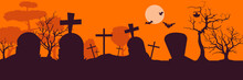 Graveyard And Halloween, Cemetery With Bat, Moon, Tree And Cemetery With Lights And Ghosts. Halloween Landscape Scene, Small Boneyard With Tombstones And Dry Trees. Cartoon Vector