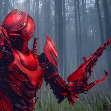 Fantasy Character. Red Steel Monster, Gothic Style. Forest. Demon. 3d Render