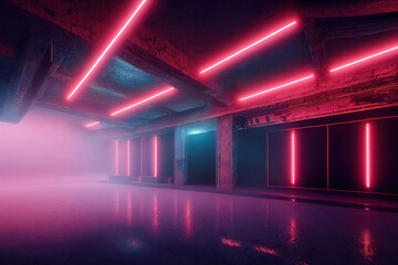 Poster - Modern futuristic underground parking, corridor, warehouse with lighting. An empty stage, a room in purple neon color. Parking with places for cars. Future background for design. 3D illustration