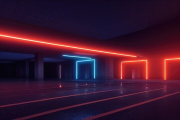 Poster - Modern futuristic underground parking, corridor, warehouse with lighting. Empty stage, room in orange, blue neon color. Parking with spaces for cars. Future background for design. 3d illustration
