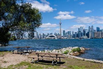 Wall Mural - Toronto Island Park Wooden Bench. Toronto City downtown skyline in the background. Ontario, Canada.