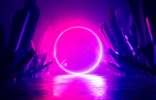 3d Render, Abstract Background, Cosmic Landscape, Round Portal, Pink Blue Neon Light, Virtual Reality, Energy Source, Glowing Round Frame, Dark Space, Ultraviolet Spectrum, Laser Ring, Rocks, Ground