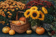 Thanksgiving garden decor with flowers and pumpkins