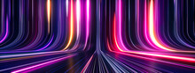 3d Render, Abstract Panoramic Neon Background With Glowing Colorful Lines