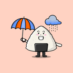 Wall Mural - Cute cartoon Rice japanese sushi character in the rain and using an umbrella in flat modern style design