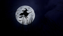 Halloween Theme With A Witch Flying On A Broomstick . Halloween Background Of A Full Moon.
