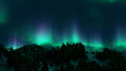 Wall Mural - a beautiful green and red aurora dancing over the hills.