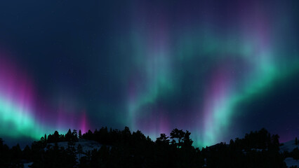 Wall Mural - a beautiful green and red aurora dancing over the hills.