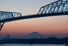 Mount Fuji Silhouette Under Bridge At Dusk
