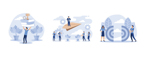 Wall Mural - online books and study guides, a man rises up on a paper plane, business teamwork together people connect puzzle elements, set flat vector modern illustration