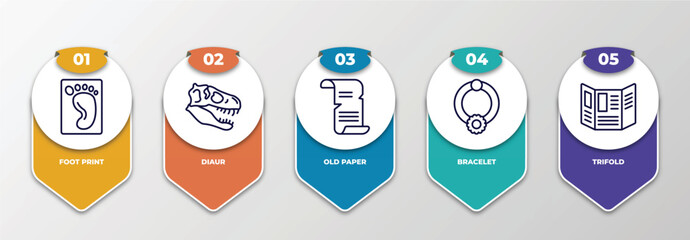 infographic template with thin line icons. infographic for history concept. included foot print, diaur, old paper, bracelet, trifold editable vector.