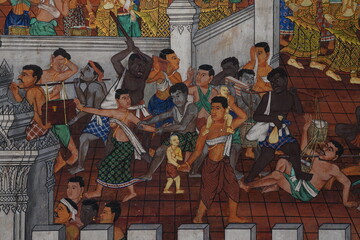Wall Mural - Old wall paintings from 1930 tell the story of Thai literature. Written on the wall in Wat Phra Kaew Bangkok, Thailand opened for tourists to visit and take photos on October 21, 2020.