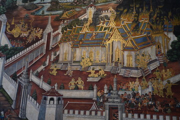 Wall Mural - Old wall paintings from 1930 tell the story of Thai literature. Written on the wall in Wat Phra Kaew Bangkok, Thailand opened for tourists to visit and take photos on October 21, 2020.