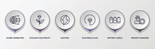 Infographic Template With Outline Icons. Infographic For Technology Concept. Included Globe Connected Circuit, Ecologic Electricity, Electric, Electrical Plug, Battery Levels, Project Manager