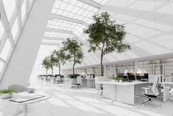 Wall Mural - Minimal style modren white high and open workplace 3d render The room is comfortable and bright with natural light from many windows furnished with black and white furniture, decorated with big trees