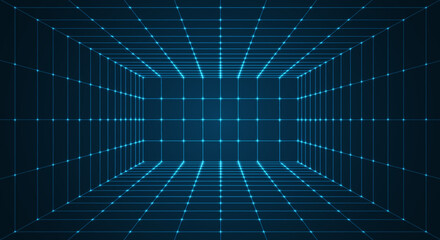 Futuristic 3D wireframe room. Perspective grid. Futuristic digital hallway space in virtual reality