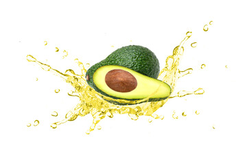 Wall Mural - Avocado essential oil splash with fresh fruit isolated on white background.