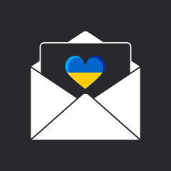 Canvas Print - An open congratulatory envelope with an enclosed heart in the colors of the flag of Ukraine on a black background. Vetcor.