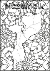 Poster - Schwarze und weiße Blume mit der Landkarte Mosambik in der Mitte Muster für Erwachsene Färbung Buch. Doodle floral Zeichnung. Kunsttherapie Färbung Seite.