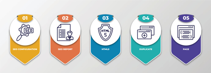 infographic template with thin line icons. infographic for programming concept. included seo configuration, seo report, html5, duplicate, page editable vector.