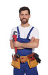 © New Africa - Professional plumber with pipe wrench and tool belt on white background
