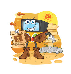 Sticker - gameboy cowboy with wanted paper. cartoon mascot vector