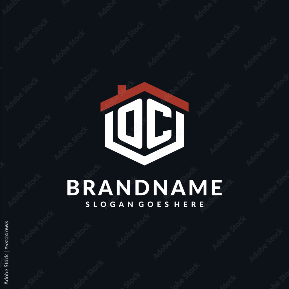 Initial letter OC logo with home roof hexagon shape design ideas Stock ...