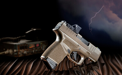 Wall Mural - CB radio and gun with lightning storm behind