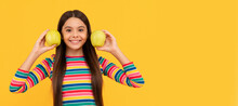 Say Hello To A Nice Smile. Happy Child Smile Holding Apples. Child Girl Portrait With Apple, Horizontal Poster. Banner Header With Copy Space.