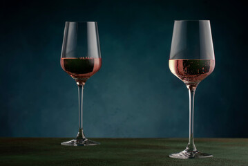 Wall Mural - Rose wine from the zinfandel variety in wine glass on dark background, copy space