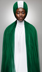 Wall Mural - Woman in Nigerian Flag Green White Dress and Headwrap. Nigeria Independence Day. Model in Fashion African Turban over Gray. Muslim Women wearing Green Headscarf drape