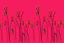Hand Drawn Grass, Flowers And Leaves Silhouette Vector Illustration Independent Lines.