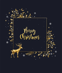 Elegant Christmas frame with gold deer and herbs. Vector illustration