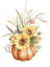 Autumn Composition Bouquet With Pumpkin And Sunflower On A White Background. Watercolor Illustration For Postcards, Posters, Invitations.