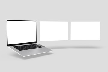 Laptop computer mockup with blank wireframing pages. Concept for showcasing web-design projects on light grey background