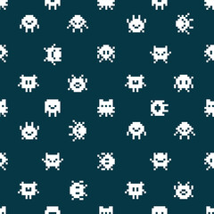 Wall Mural - Abstract funny Monsters Pixel Art style pattern. Vintage 8-bit pixel graphics monsters background. Retro video games icons. Simple aliens characters on vector seamless pattern