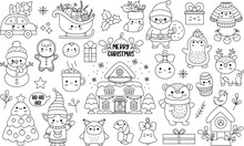 Vector Black And White Set Of Christmas Elements With Santa Claus, Reindeer, Animals, Elf, Stocking, Fir Tree, House With Ornament. Cute Funny Kawaii Line Illustration For Kid  New Year Coloring Page
