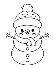 Wall Mural - Vector black and white kawaii snowman in hat and scarf. Cute Christmas character illustration isolated on white background. New Year or winter smiling snow man. Funny line icon, coloring page.