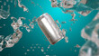 Water splash around metallic can without logo on blue background.Fresh water simulation and 3d model can with 3d rendering.Realistic illustration conceptual.