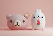 Cute japanese sweets,bear and rabbit in pastel colors on a pink background. 3D illustration 