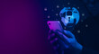 © U-STUDIOGRAPHY DD59  - Anonymous hackers perpetrate criminality using mobile phones. The notion is network and internet security. Keep the data safe. metavese background light