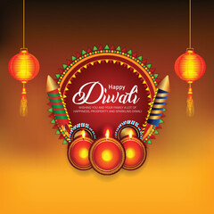 Wall Mural - Shubh diwali celebration greeting card with diwali oil lamp