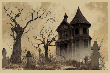 Wall Mural - Abandoned mystical house in cemetery illustration. Spooky old palace silhouette with dry trees and gravestones with flying witch broomstick