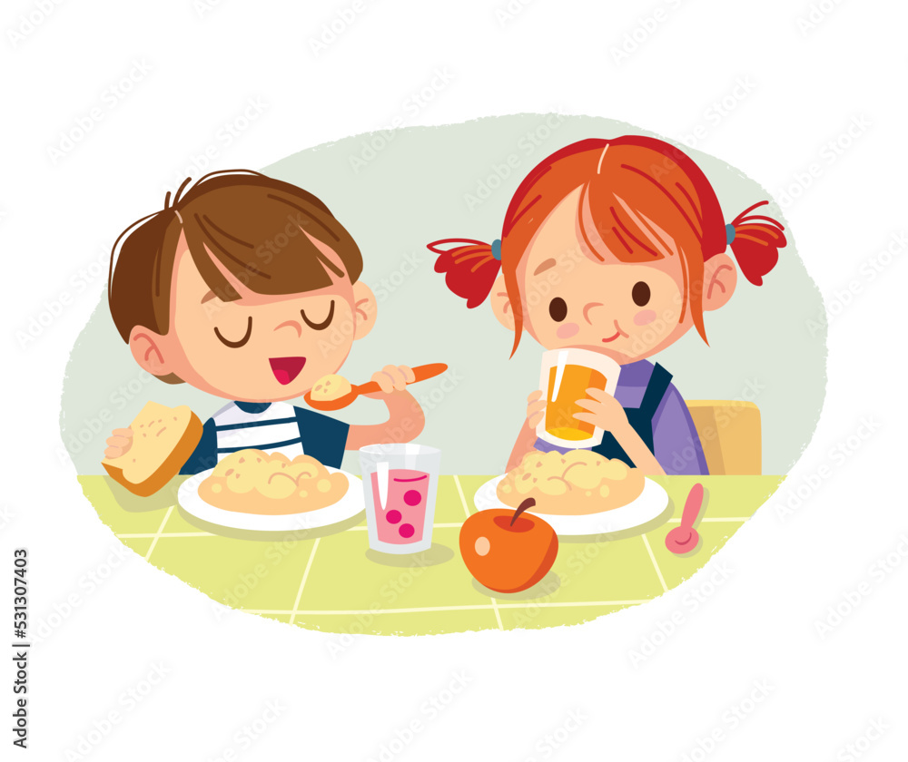 Boy and girl eating healthy homemade food. Kids have porch for breakfast.  The girl drinks soda and eats cereal for lunch. Family meal. Stock Vector |  Adobe Stock, image size:1000x840
