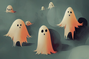 Sticker - imple flat ghosts, Halloween scary ghostly monsters, Cute cartoon spooky character