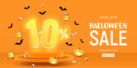 Wall Mural - Halloween sale banner template. Vector illustration with soaring podium and neon numbers with amount of discount. Vector illustration. Ad background with 3d stage for Halloween sale.