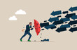 The businessman used the umbrella to resist the falling arrow. Flat vector illustration.