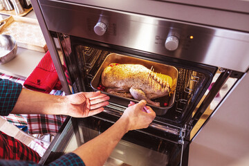 close-up view of man preparing delicious and healthy food in home kitchen for Christmas. Christmas duck or goose